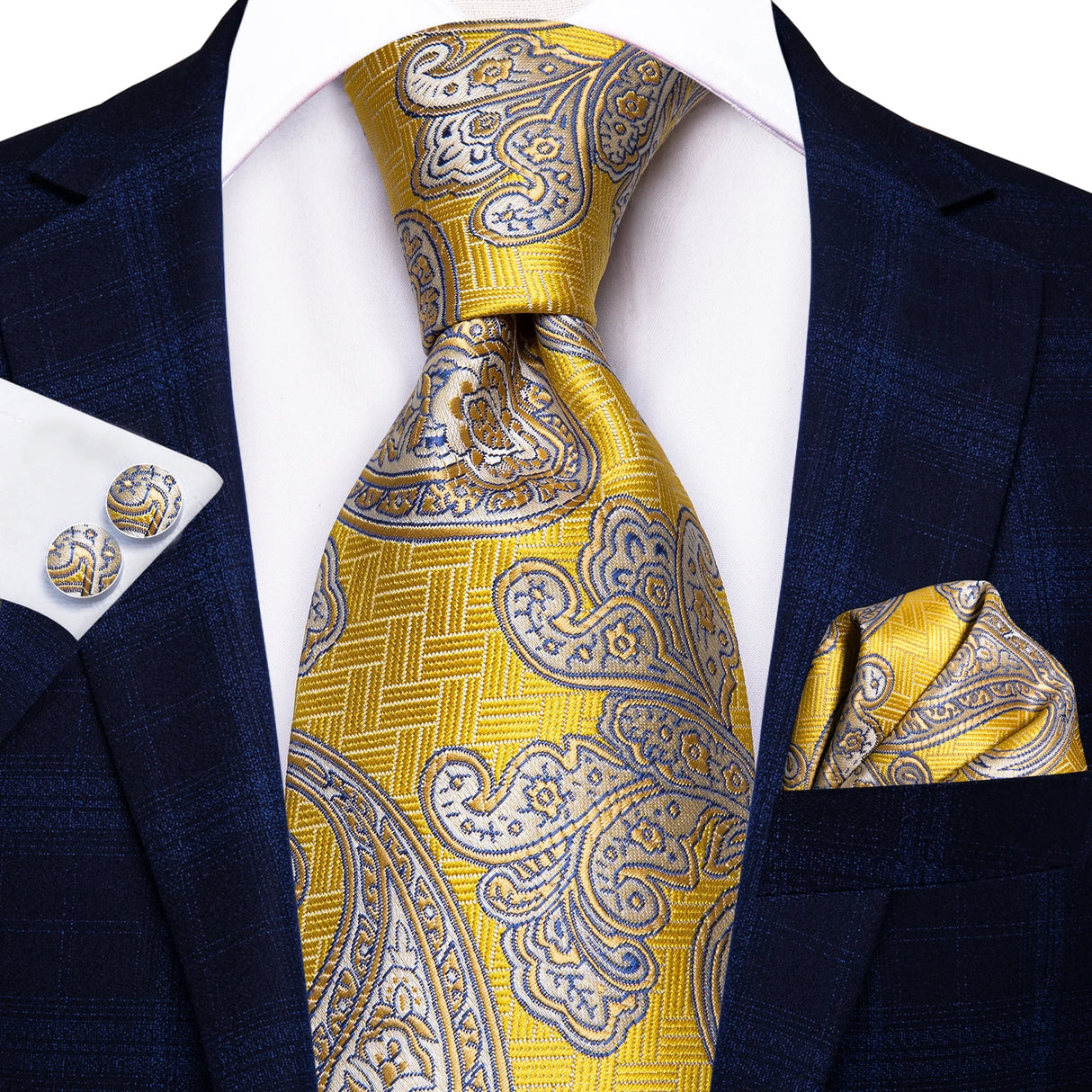 Gold Solid Silk Hanky Cufflink Men Necktie
