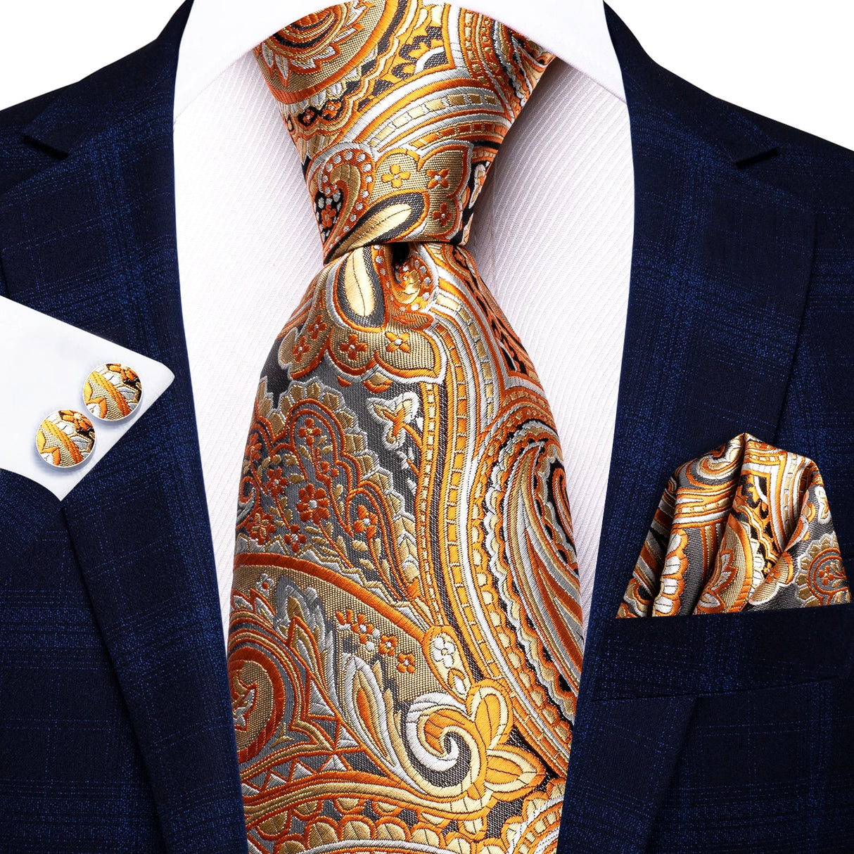 Gold Solid Silk Hanky Cufflink Men Necktie