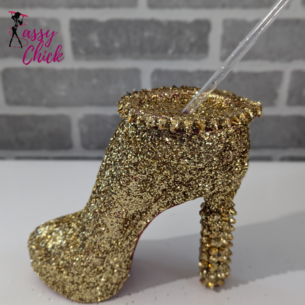 Gold Spiky Stiletto Heel Tumbler Cup Sassy Chick Logo