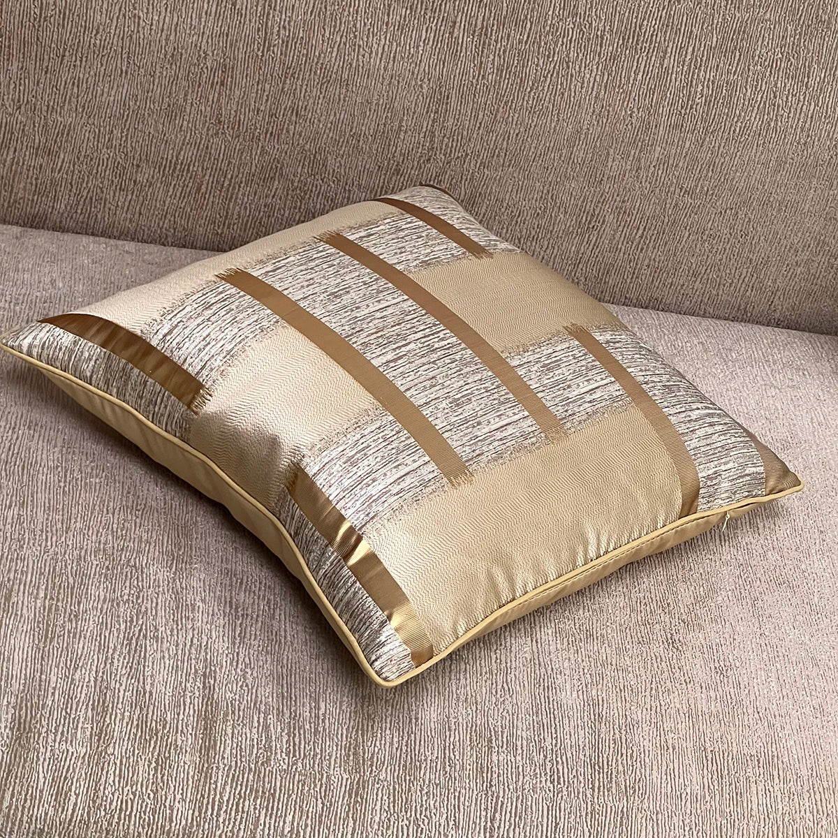 Holiday cushion cover with shiny gold stripe decoration, no pillow core