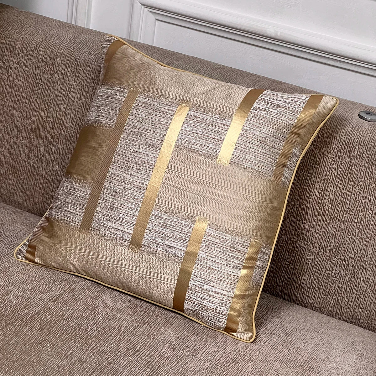 Holiday cushion cover with shiny gold stripe decoration, no pillow core