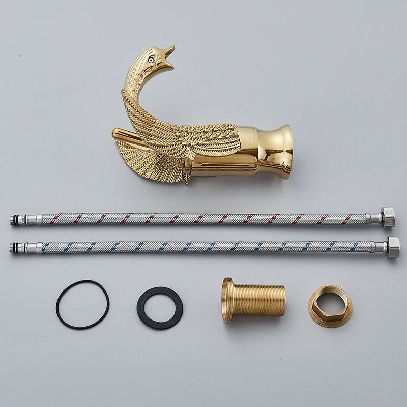 Golden swan-shaped deck-mounted basin faucet with single handle for hot and cold water