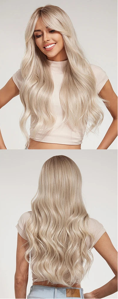 White Golden Highlight Long Wavy Synthetic Wigs