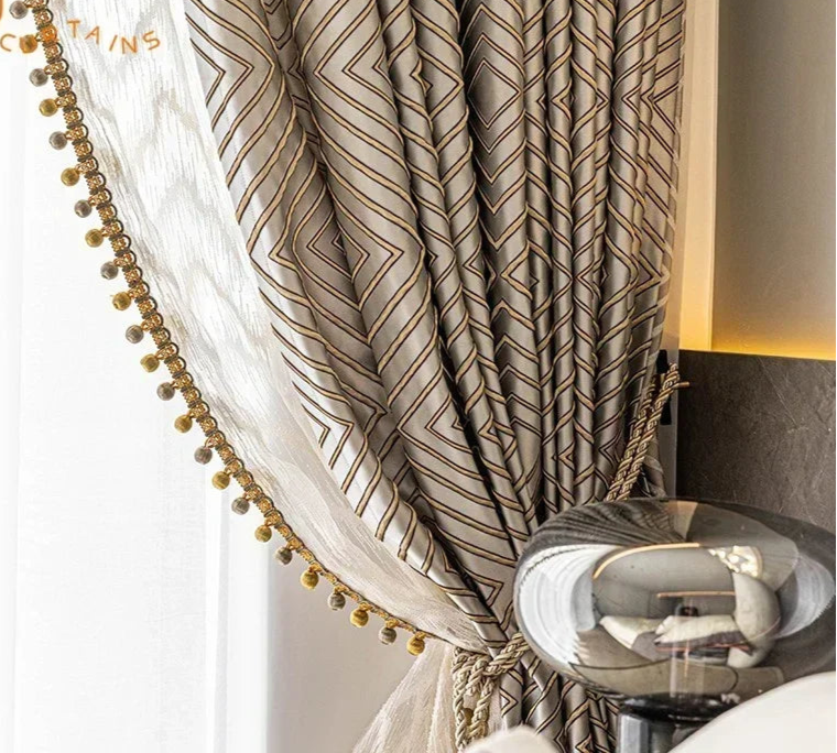 Gray diamond jacquard blackout curtains hanging in a modern living room