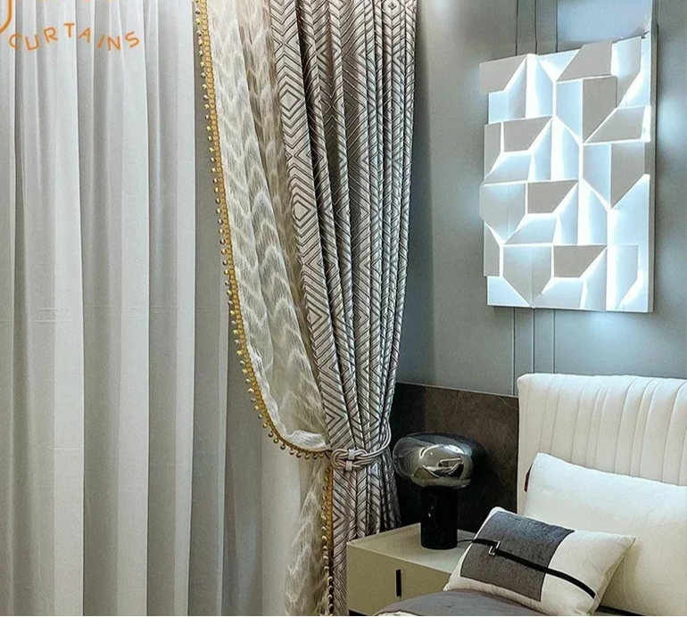 Gray diamond jacquard blackout curtains hanging in a modern living room
