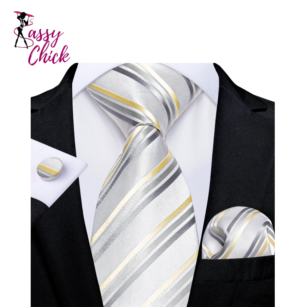 Gray Sliver Hanky Cufflinks Set Silk Neckties Sassy Chick Logo