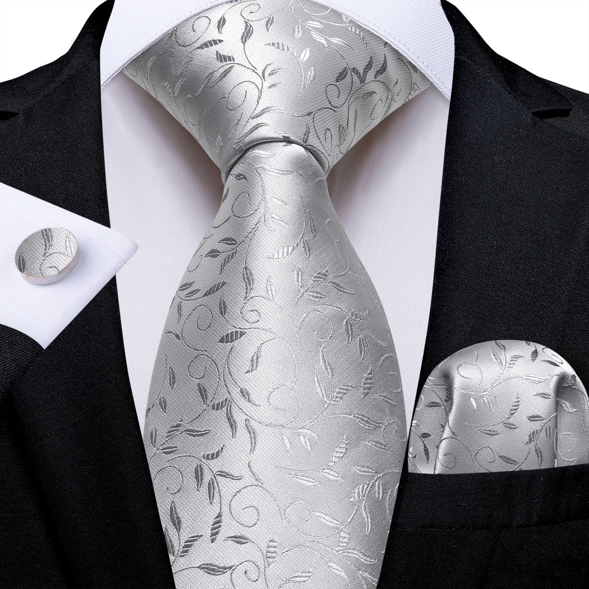 Gray Sliver Hanky Cufflinks Set Silk Neckties