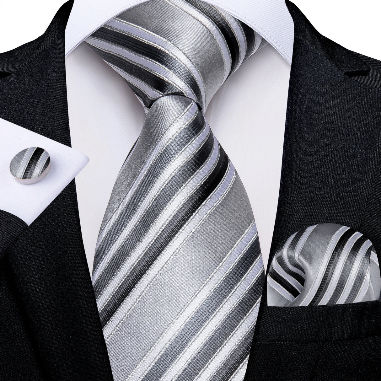 Gray Sliver Hanky Cufflinks Set Silk Neckties