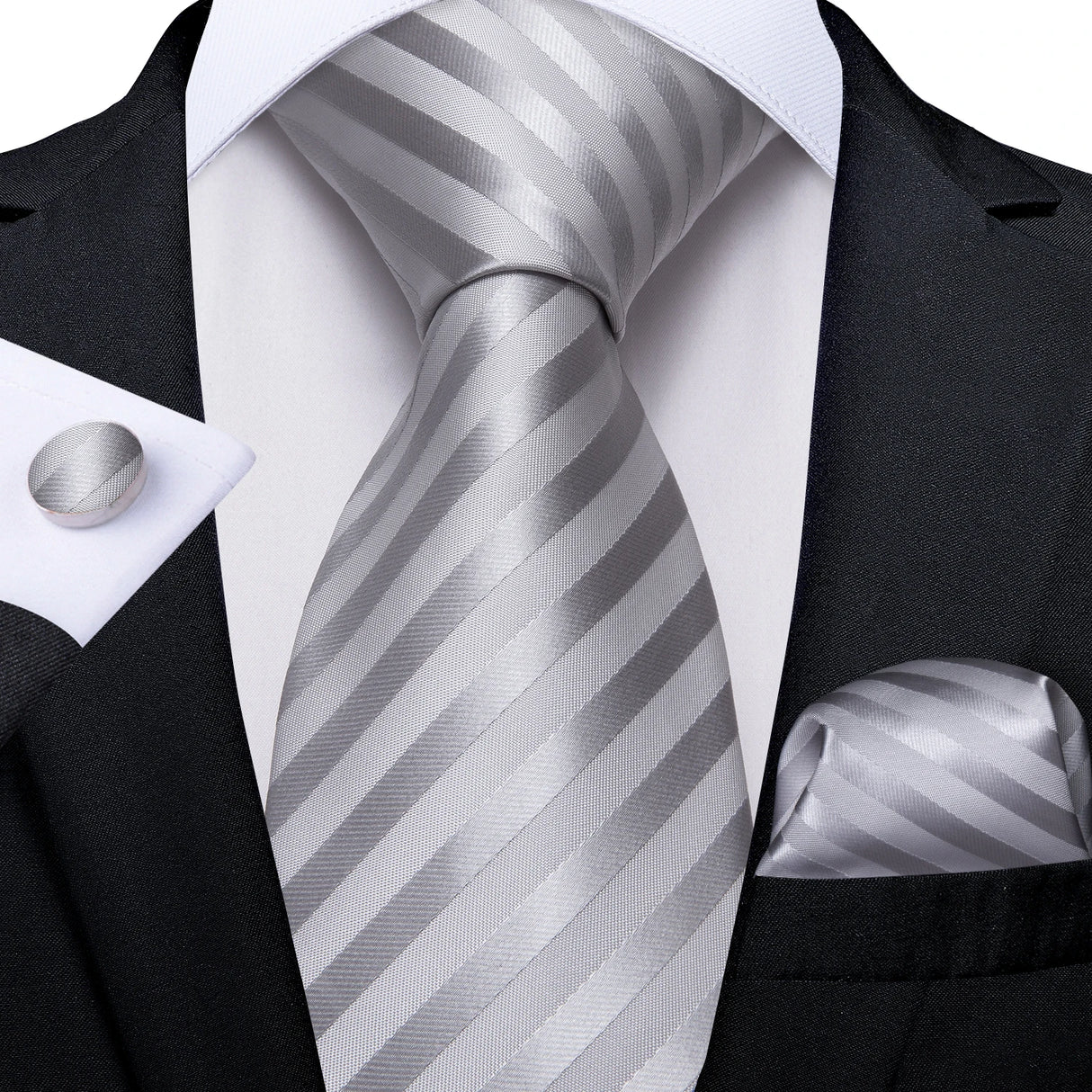 Gray Sliver Hanky Cufflinks Set Silk Neckties