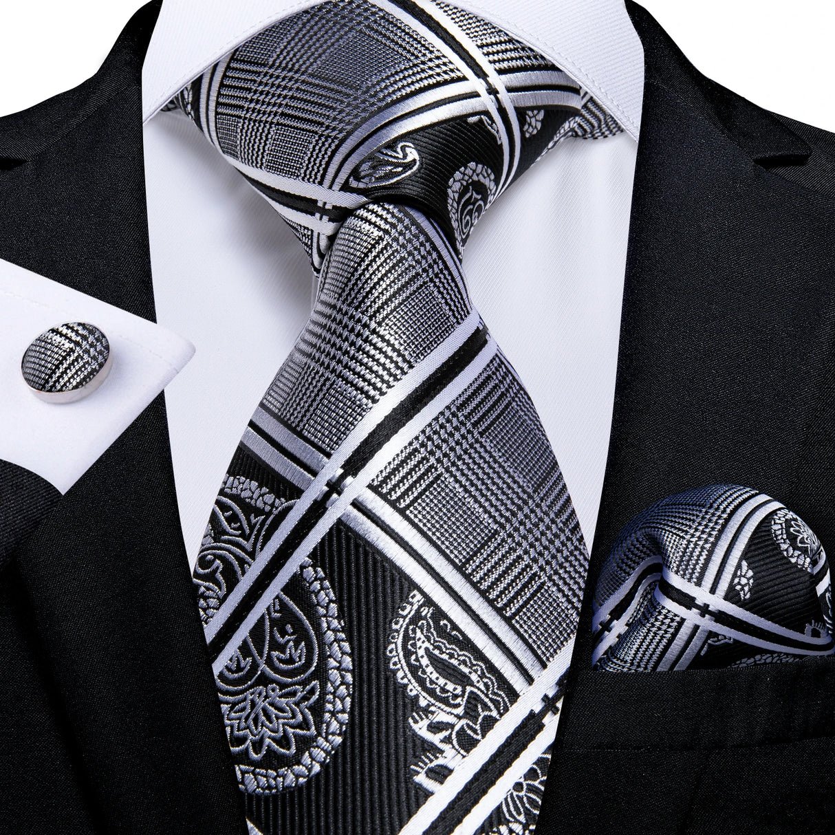 Gray Sliver Hanky Cufflinks Set Silk Neckties