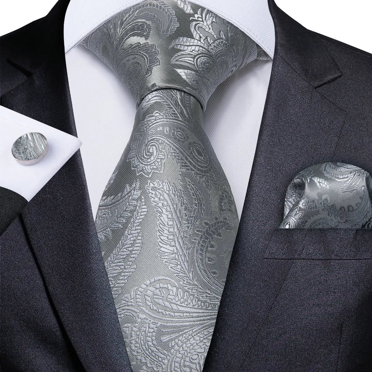 Gray Sliver Hanky Cufflinks Set Silk Neckties