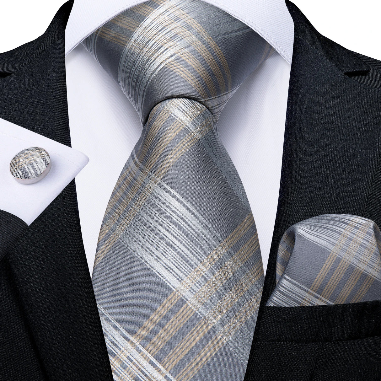 Gray Sliver Hanky Cufflinks Set Silk Neckties