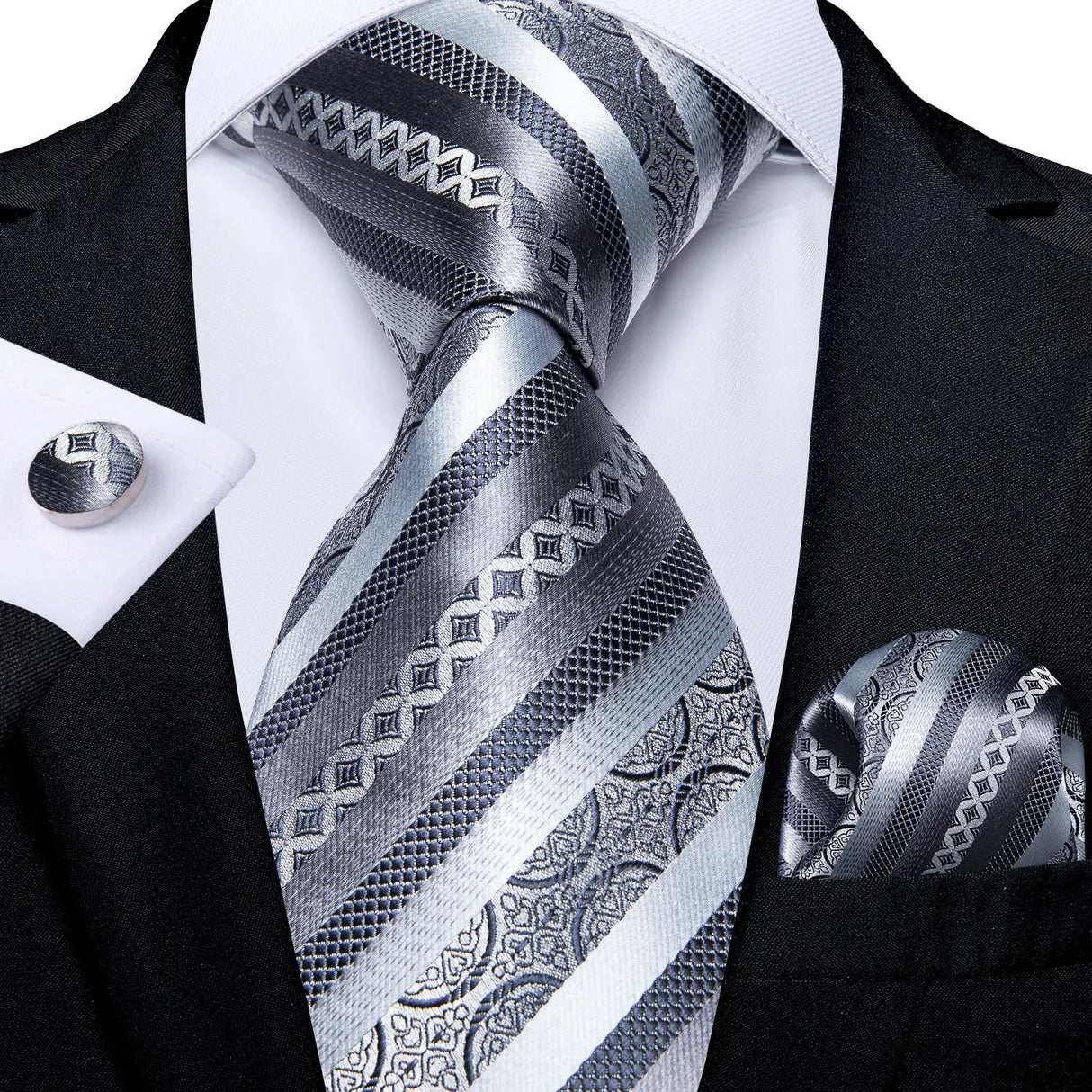 Gray Sliver Hanky Cufflinks Set Silk Neckties