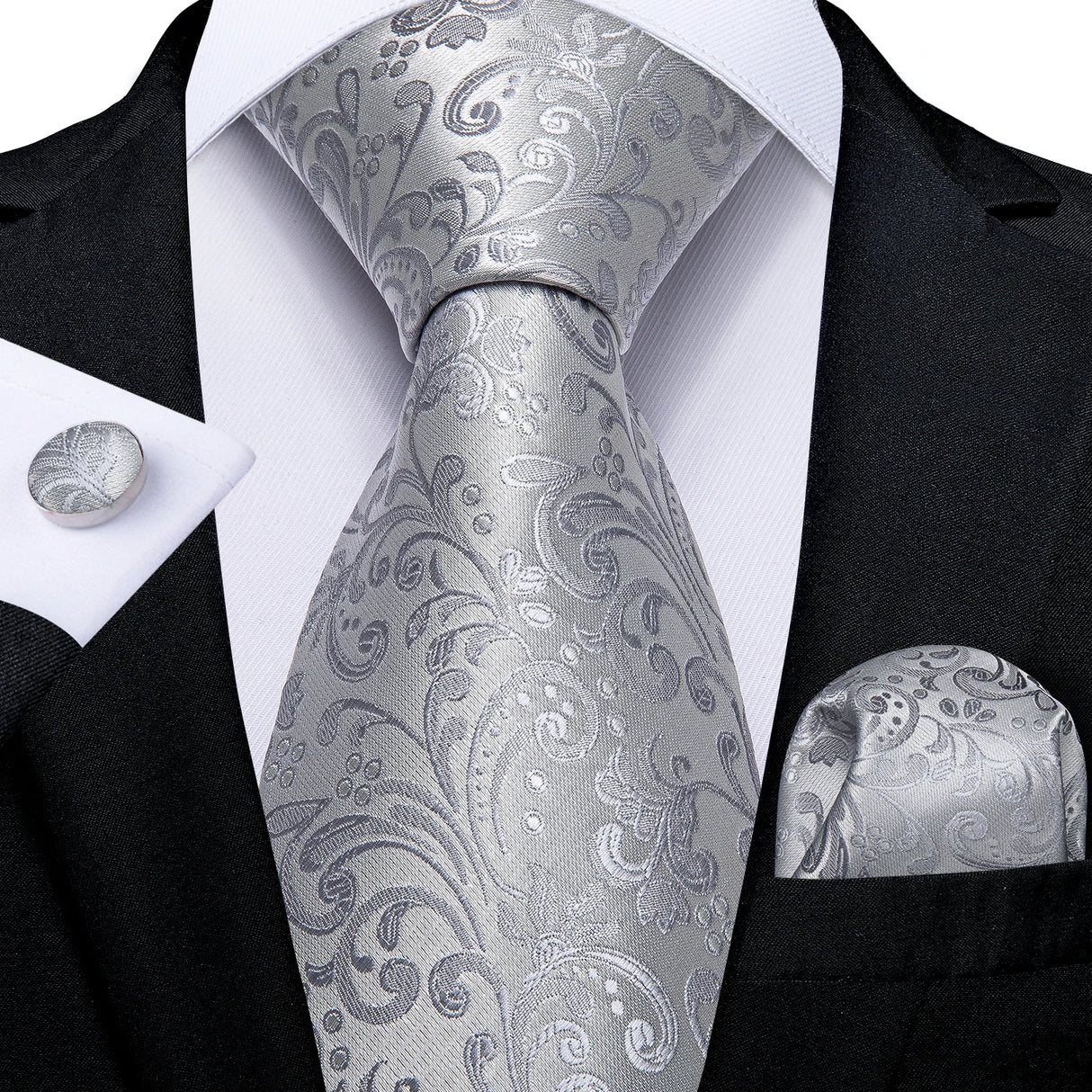 Gray Sliver Hanky Cufflinks Set Silk Neckties