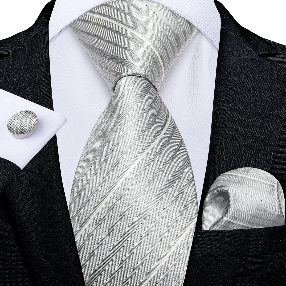 Gray Sliver Hanky Cufflinks Set Silk Neckties