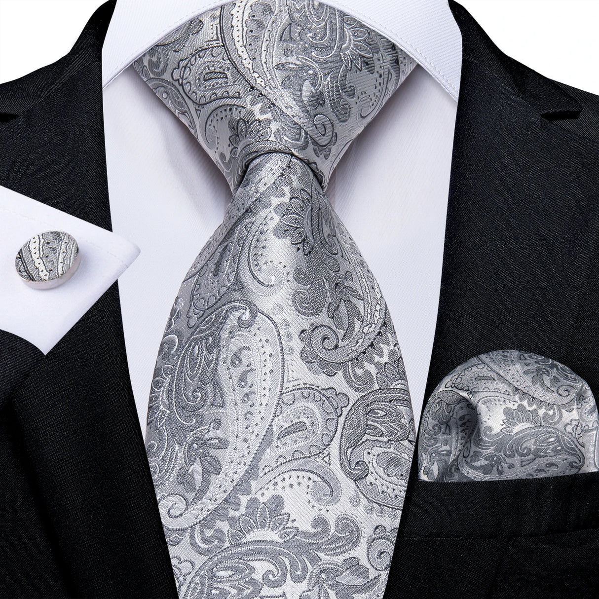 Gray Sliver Hanky Cufflinks Set Silk Neckties