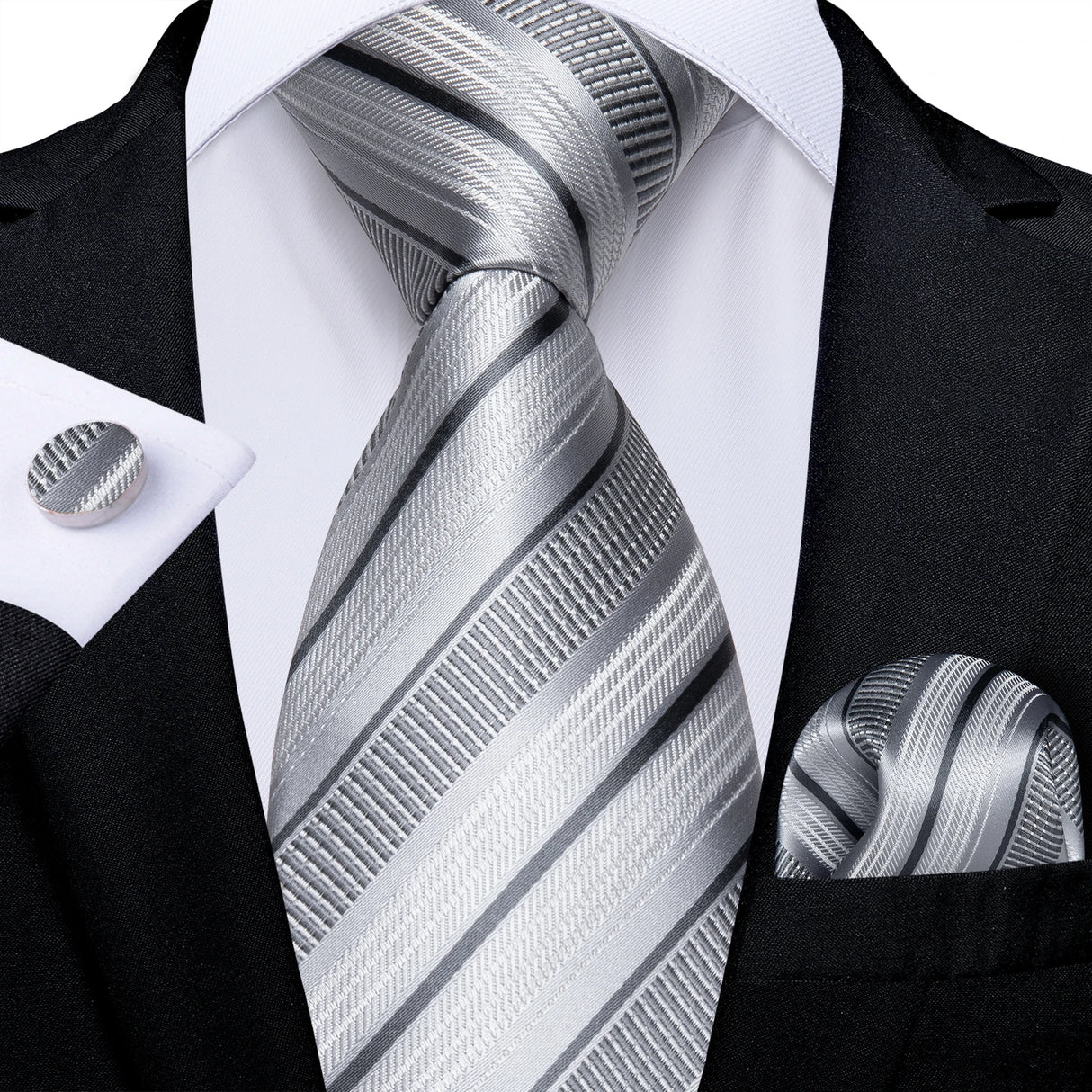 Gray Sliver Hanky Cufflinks Set Silk Neckties