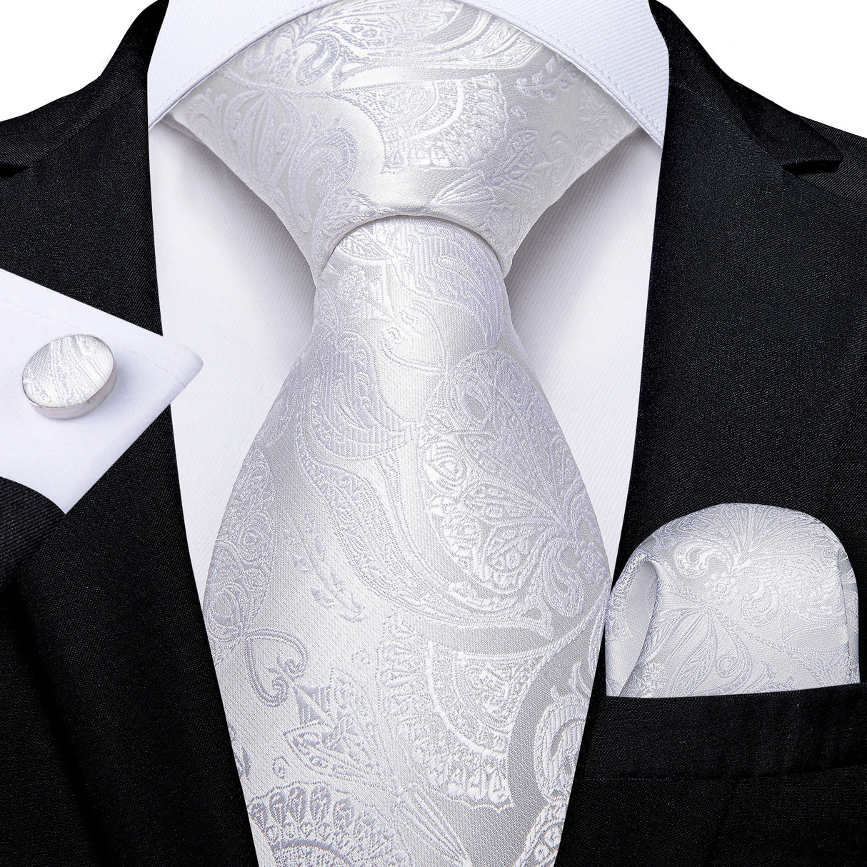 Gray Sliver Hanky Cufflinks Set Silk Neckties