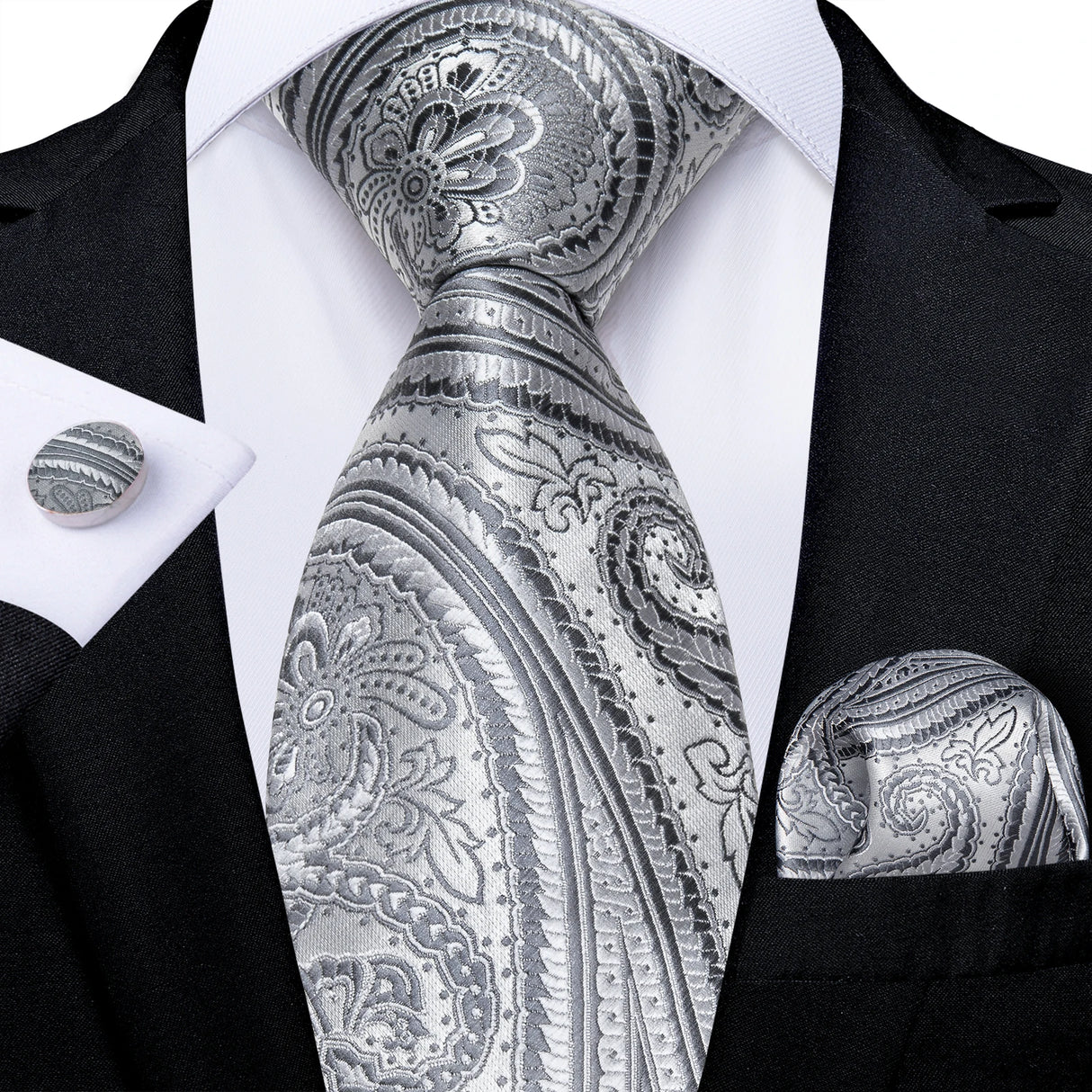 Gray Sliver Hanky Cufflinks Set Silk Neckties