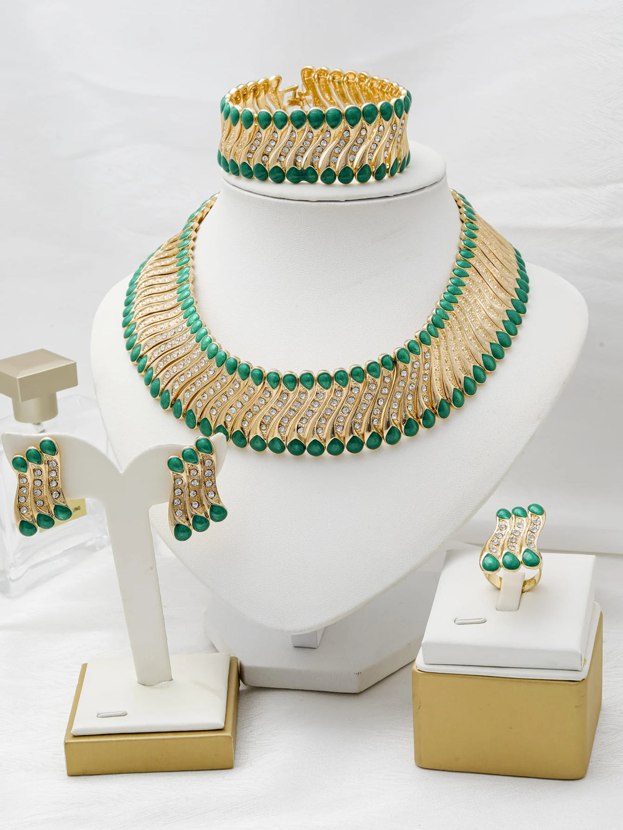 Green Enamel Crystal Weddings Jewelry Set