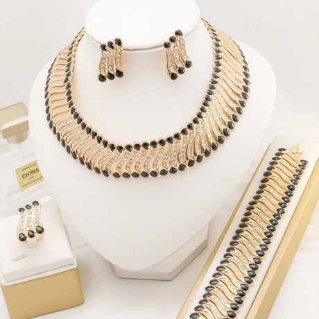 black Enamel Crystal Weddings Jewelry Set