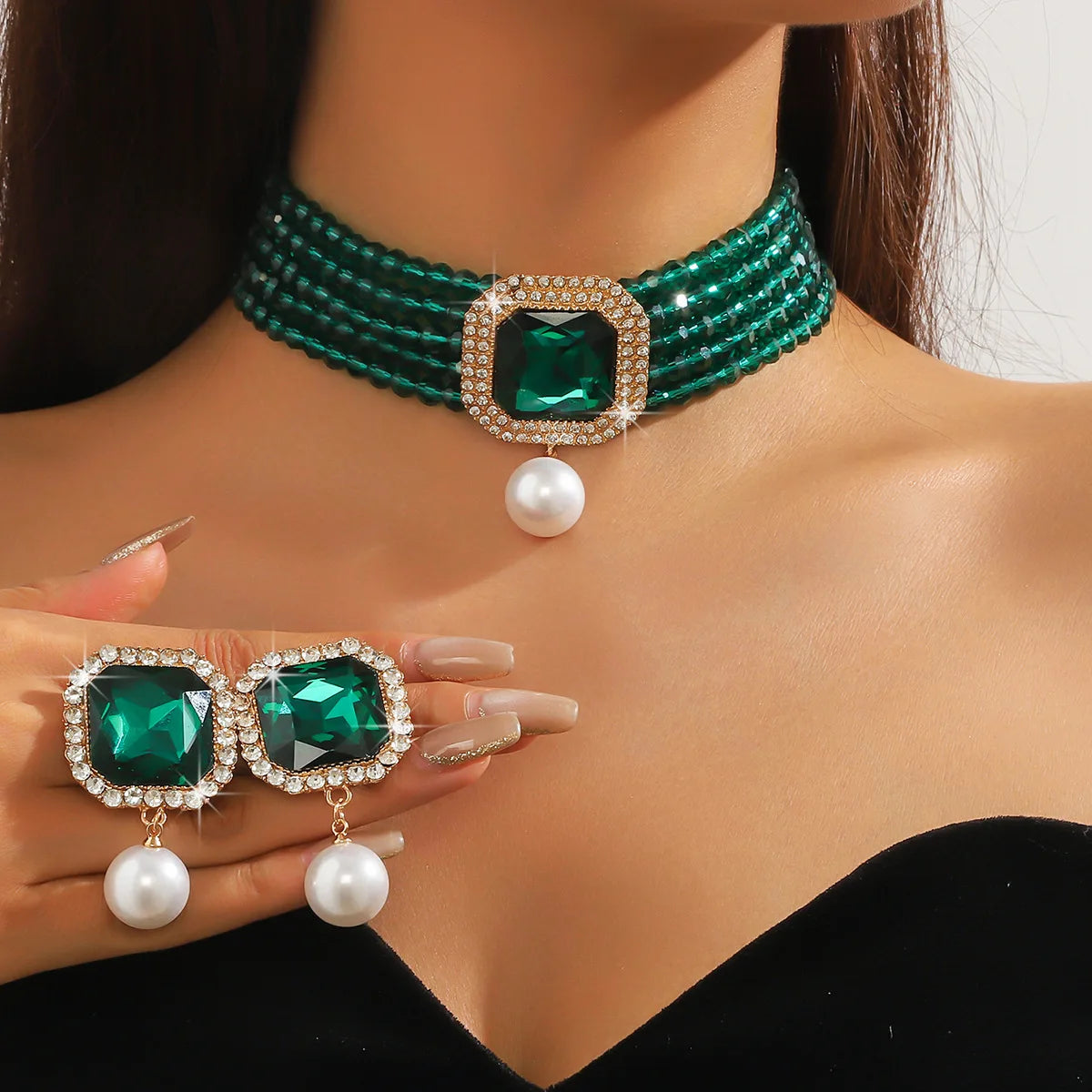 Green Geometric Square Pearl Earrings  Sets