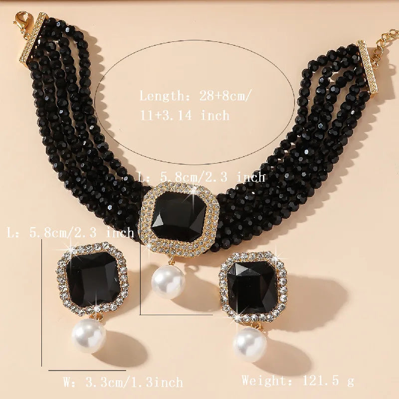 black Geometric Square Pearl Earrings  Sets