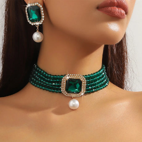 Green Geometric Square Pearl Earrings  Sets