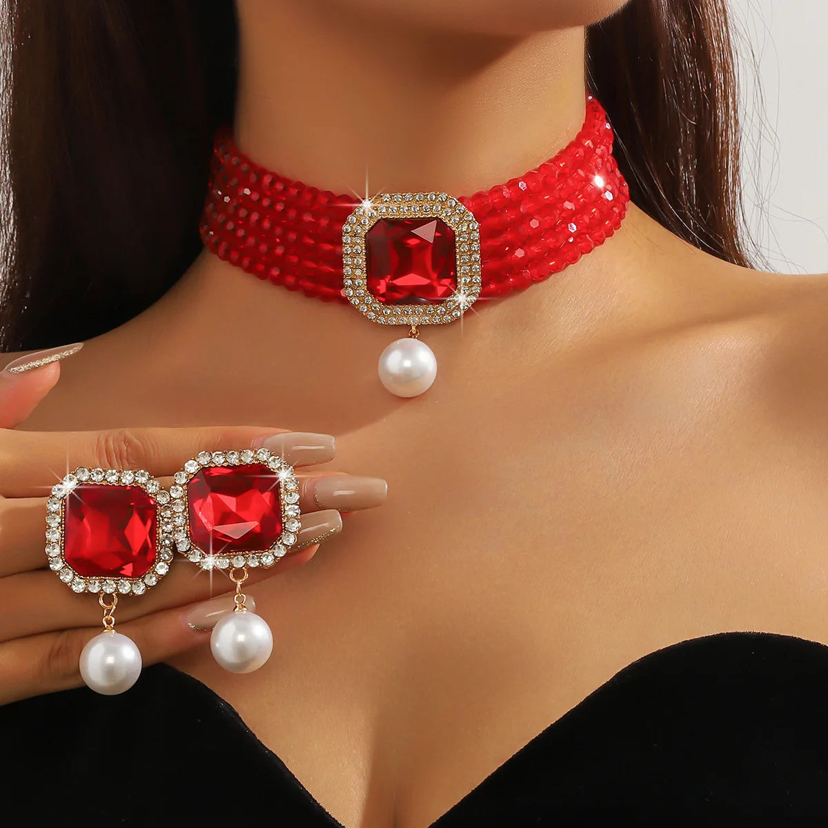 red Geometric Square Pearl Earrings Sets