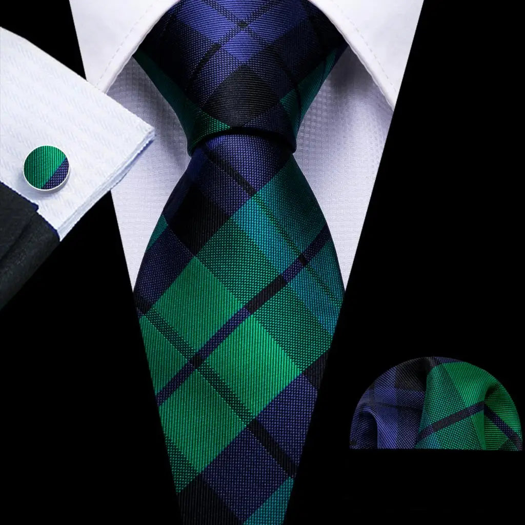 blue green stipe pattern Teal Silk Men Tie Set