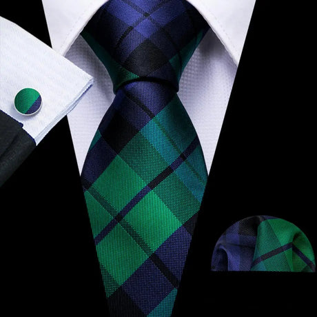 blue green stipe pattern Teal Silk Men Tie Set