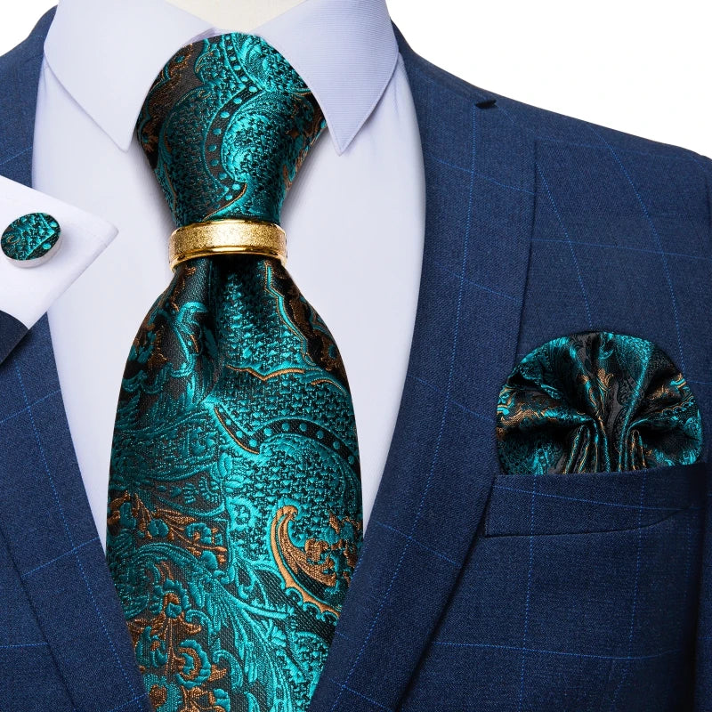 gold blue floral pattern tie set