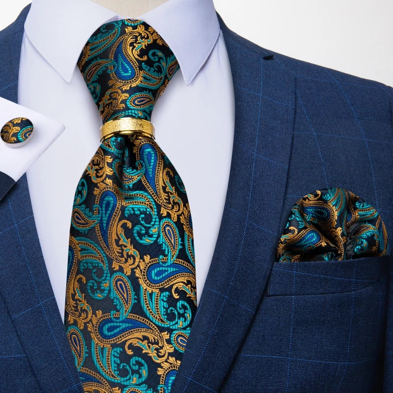 gold blue floral pattern tie set