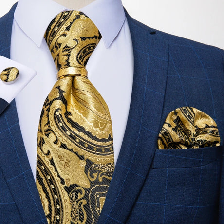 gold black floral pattern tie set