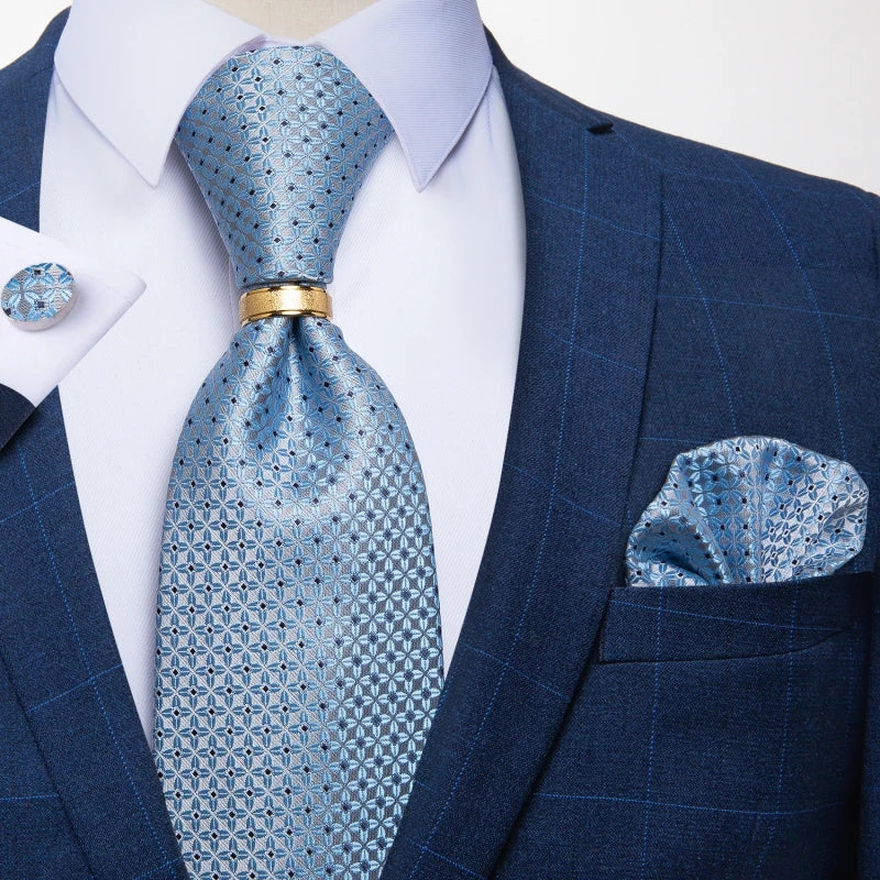 blue geometric pattern tie set