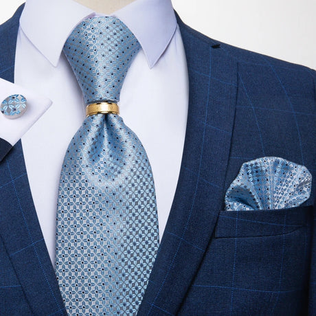 blue geometric pattern tie set