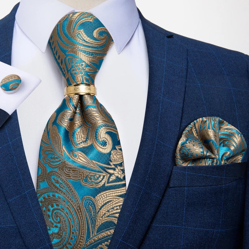 blue brown floral pattern tie set