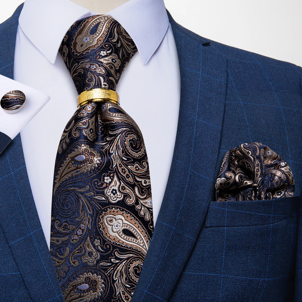 blue silver brown floral pattern tie set