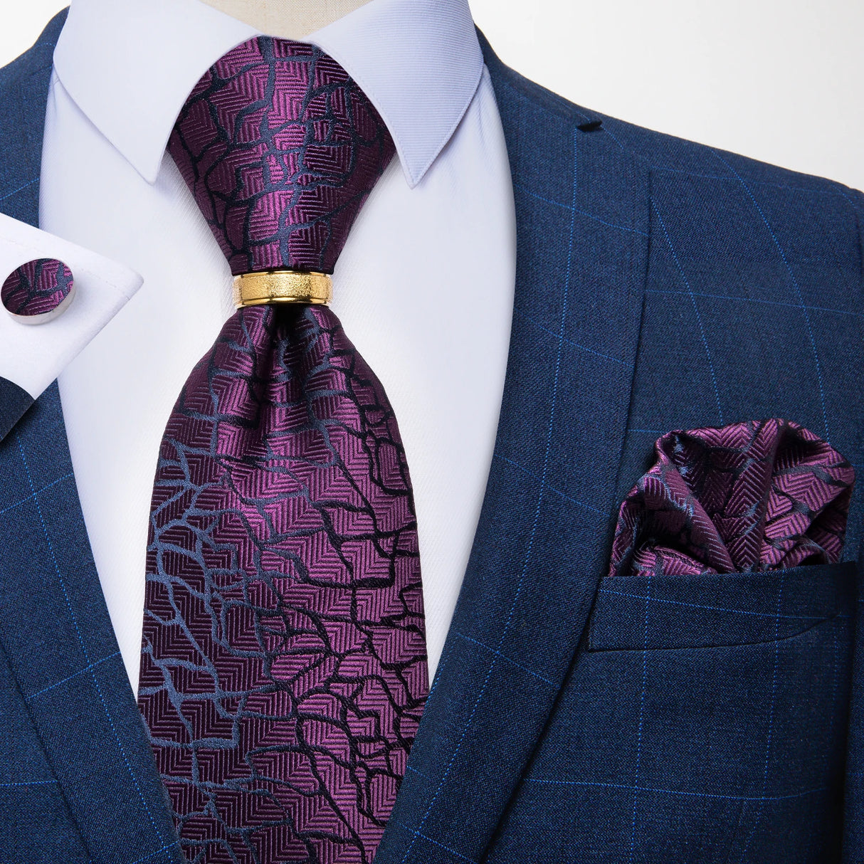 purple black geometric pattern tie set