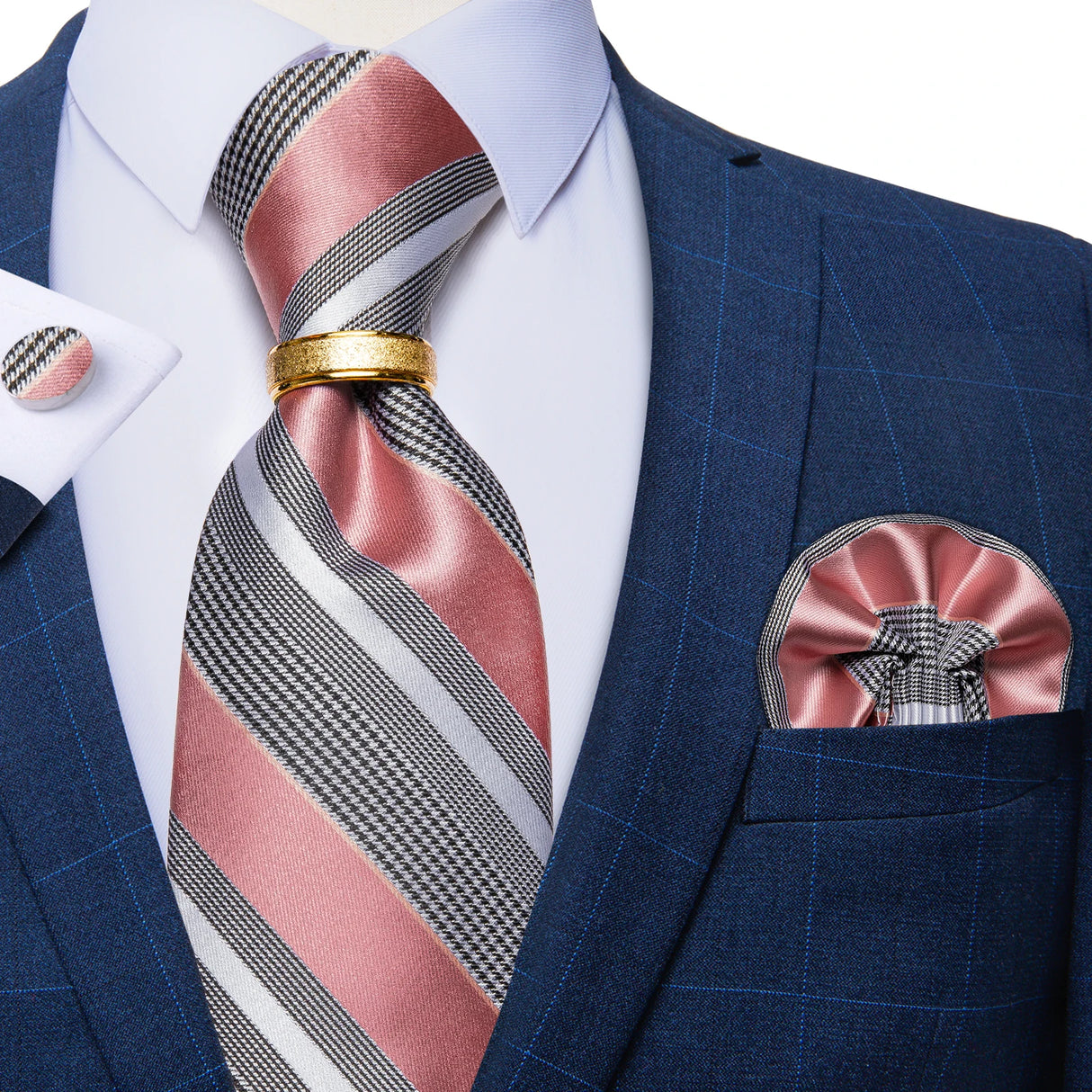 pink grey line stripe tie set