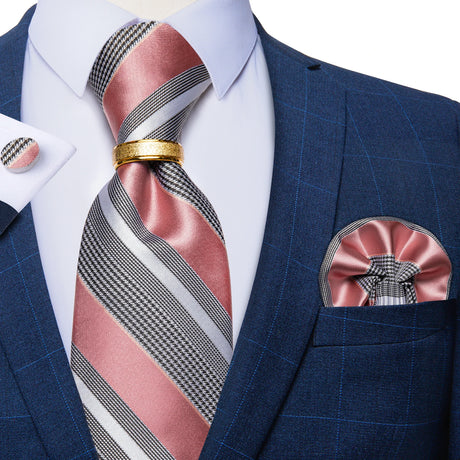 pink grey line stripe tie set