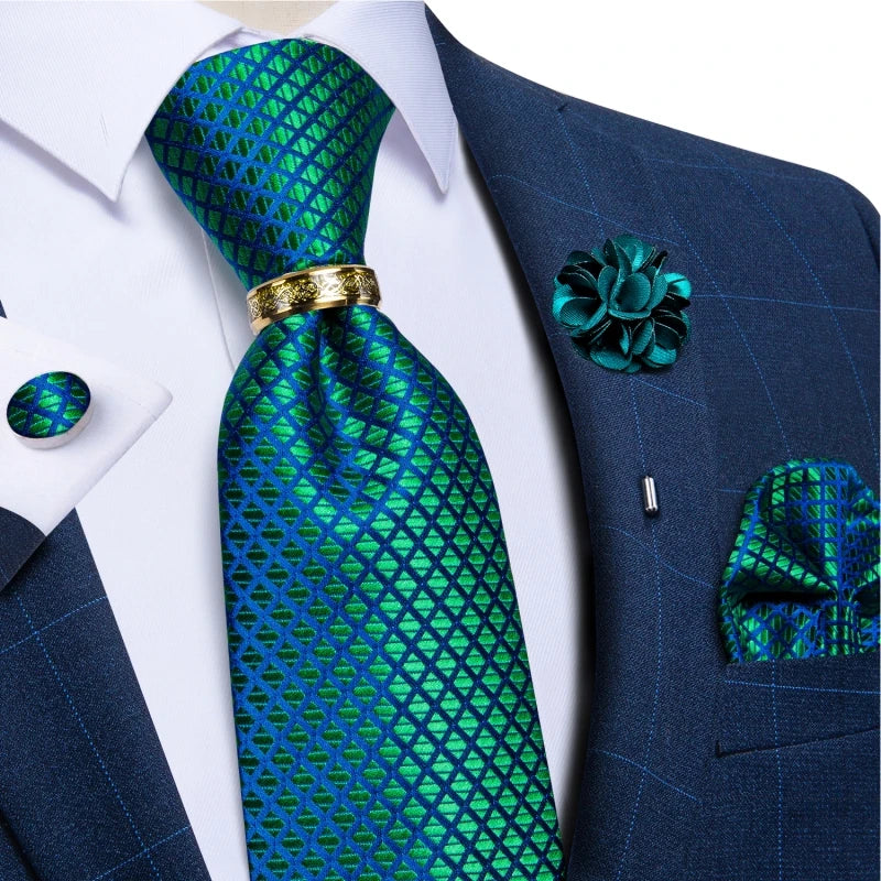 blue green geometric pattern tie set