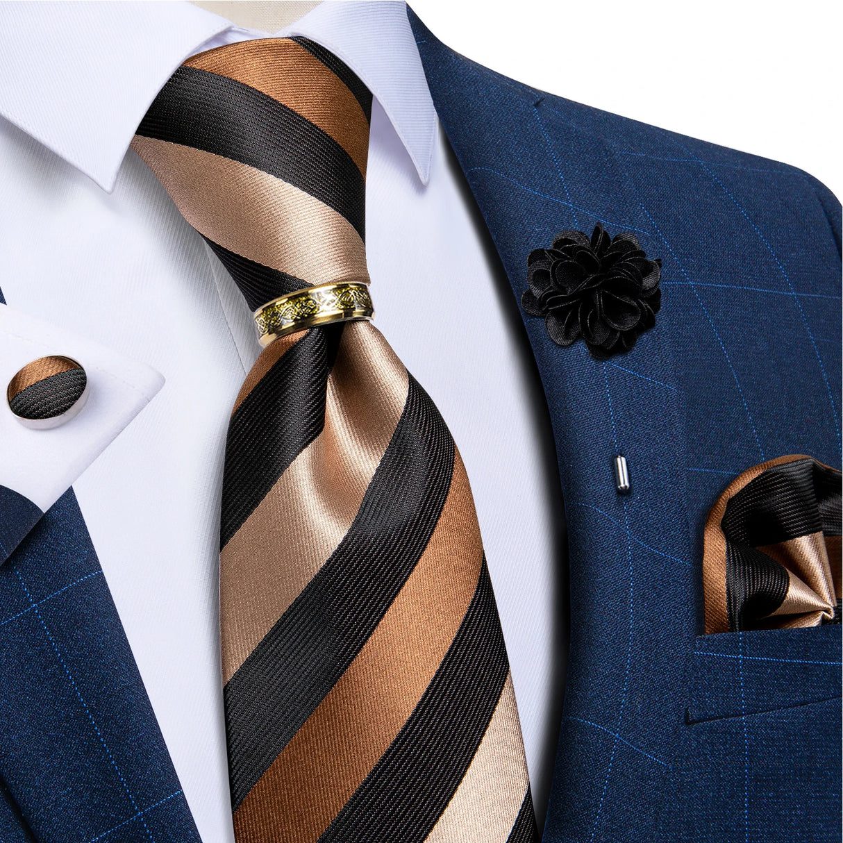 black brown line pattern tie set