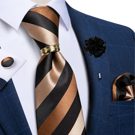 black brown line pattern tie set