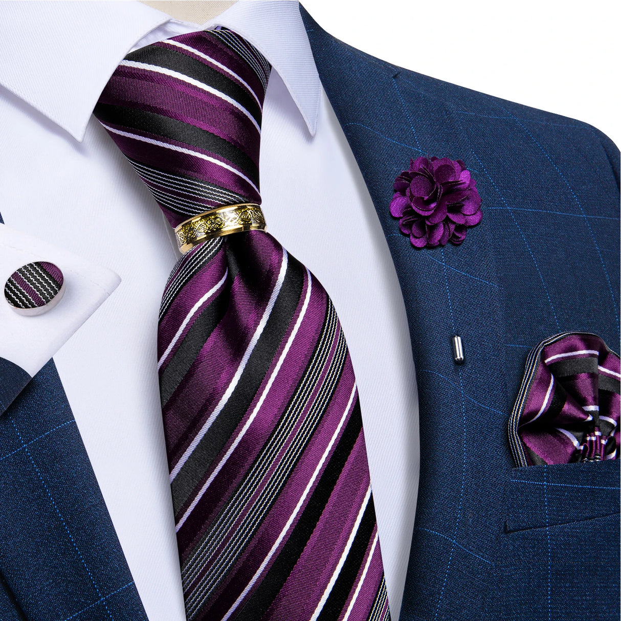 white purple line pattern tie set