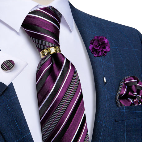white purple line pattern tie set