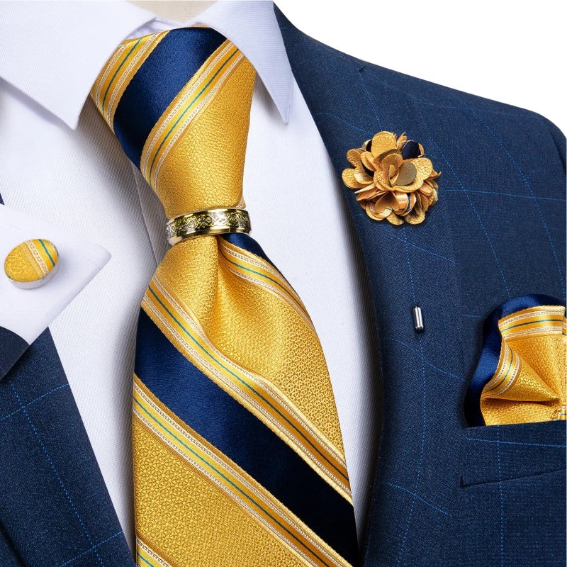 gold blue line pattern tie set