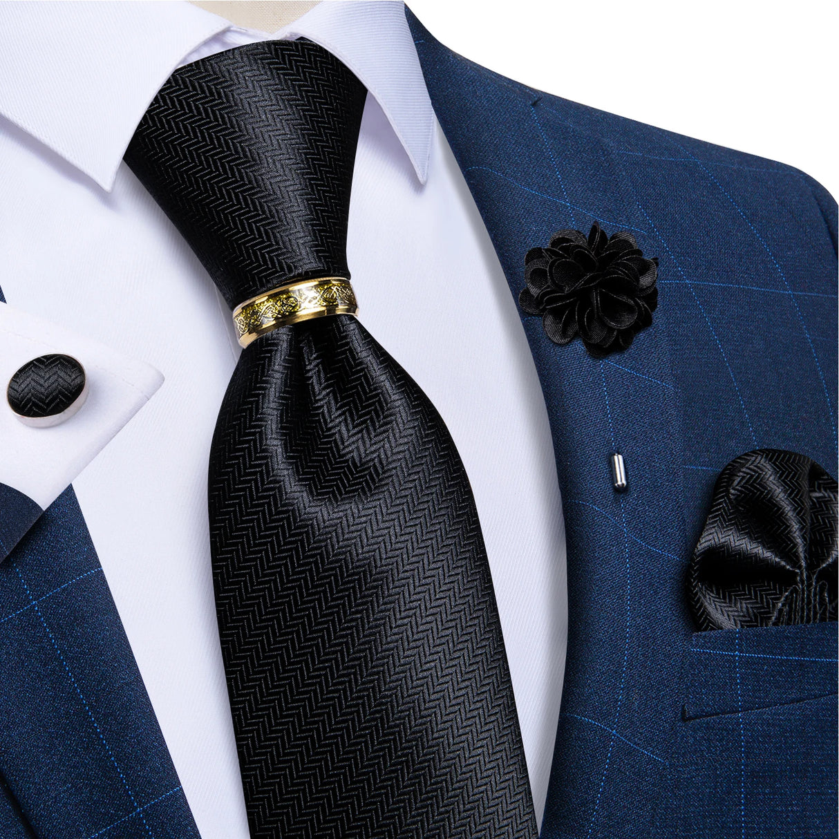 black geometric pattern tie set