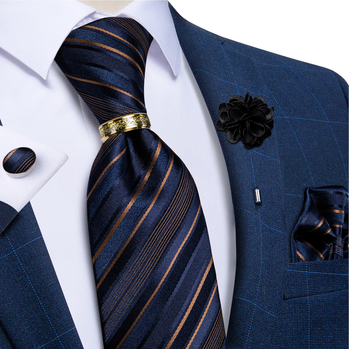 blue gold line pattern tie set
