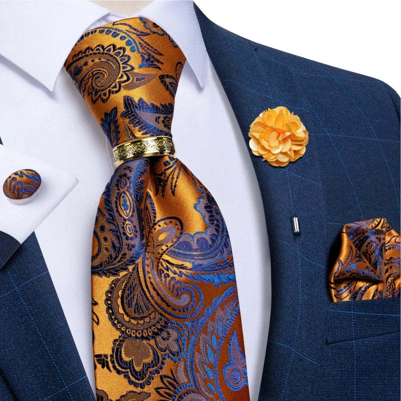 gold blue floral pattern tie set